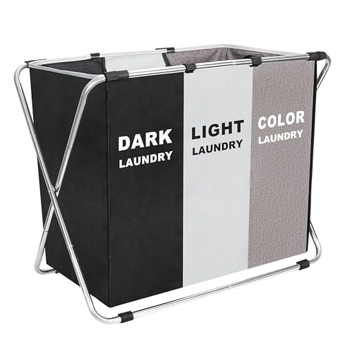 150L Laundry Cloth Hamper Sorter Basket Bin Foldable 3 Sections with stainless steel Frame Washing Storage Dirty Clothes Bag for Bathroom Bedroom Home Storage Basket (Black+Gray+Coffee) - color: Black+Gray+Coffee, size: 3 Sections