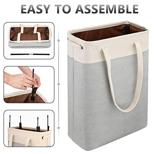 i BKGOO Laundry Basket with Handles Beige&Silver Slim Laundry Bin Collapsible Dirty Clothes Basket Narrow Laundry Bag Foldable Dirty Hamper for Camping, Dorms, Apartments - color: Beige&Silver