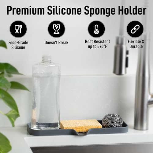 Zulay Kitchen Large Silicone Sponge Holder (12x4) – Flexible Sink Organizer Tray for Kitchen & Bathroom – Multipurpose Soap Dish for Sponges, Makeup, Trinkets & More (Grey) - color: Grey, size: Large (12x4)