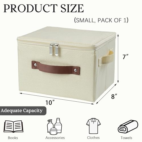Storage Bins with Zipper Lid Foldable Fabric Lidded Storage Boxes Baskets Cubes Washable Collapsible PU Leather Handle Cotton Linen Shelf Fabric Closet Organizer Container(Beige, Small Size) - color: Beige, size: Small ( Set of 1 )