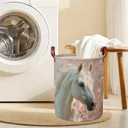 Horse Lover Laundry Hamper Foldable Oxford Fabric Laundry Basket with White Horse Floral Art 15.75 x 19.7 Inch Dirty Clothes Bin with Handles for Bedroom Nursery Dorm Laundry Room - color: Colorful591