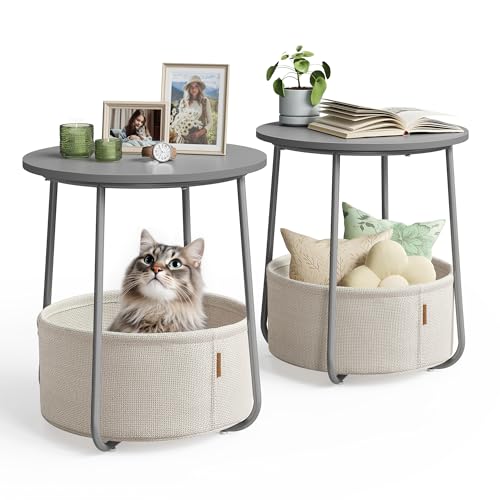 VASAGLE Nightstands, Set of 2 Small Round Side Tables with Fabric Basket, Bedside End Tables, for Bedroom, Cement Gray and Cream White ULCT667G01 - color: Cement Gray + Cream White