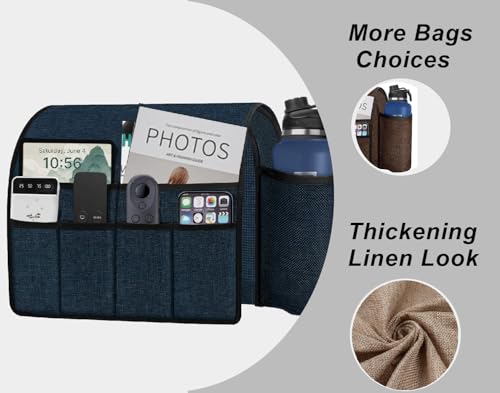 Ntomtuex Sofa Armchair Caddy Remote Control Holder with Water Bottle for Couch Recliner, Armrest Organizer with 7-Pocket Design for Magazines, Eyeglasses, iPad, Phone, Dark Blue - color: Dark Blue