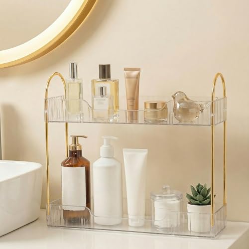 Bathroom Countertop Organizer, 2-Tier Slim Vanity Storage Rack for Bathroom Sink, Narrow Counter Organizer for Toiletries Skincare Perfume with Clear Plastic Trays - color: Clear