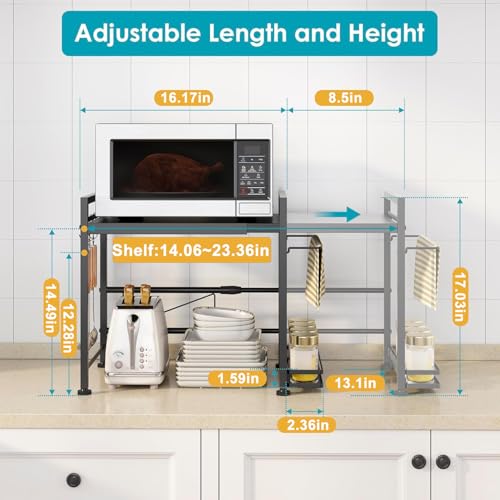 DOLALIKE Microwave Oven Rack, Expandable Microwave Stand Kitchen Countertop Organizer Utensils Storage, Carbon Steel Over Microwave Shelf with 3 Hooks (Black, 2 Tier- With Storage) - color: Black, size: 2 Tier (With Spice Rack)