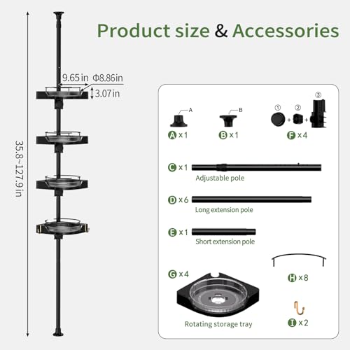 akinbas Shower Caddy Tension Pole with 4 Lazy Susan Organizer 360 Rotating 35-128 Inch No Drilling Floor Standing Shelves Adjustable Shower Rack for Bathroom Corner (Black) - color: Black, size: 4 Tier-Rotation