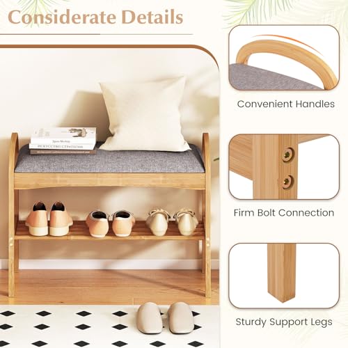 Giantex Shoe Rack Bench, Bamboo 2-Tier Entryway Bench with Padded Cushion, Shoe Storage Bench for Hallway, Closet, Foyer, Living Room, Bedroom, Mudroom - size: 12.5"D x 27.5"W x 20"H（Without Flip-Top Storage）