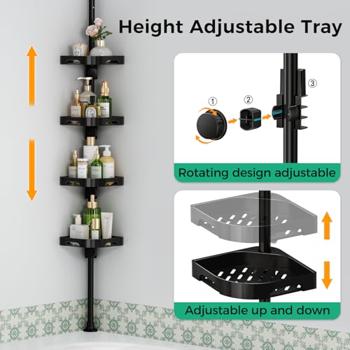 shuang qing 4-Tier Corner Shower Caddy Tension Pole Organizer - Adjustable Rustproof Metal Tension Pole, Plastic Shelves with Safety Guardrail, Bathroom Storage for Shower & Bathtub(Black) - color: Black, size: No Rotation