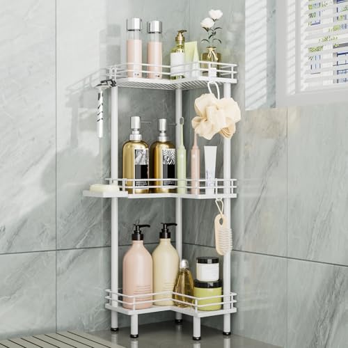 Consumest Corner Shower Caddy Standing - 3-Tier Stainless Steel Shower Organizer with Soap Holder and 4 Hooks, Large Capacity Corner Shelf Stand for Bathroom, Rest Room, White - color: White, size: 3 Tier