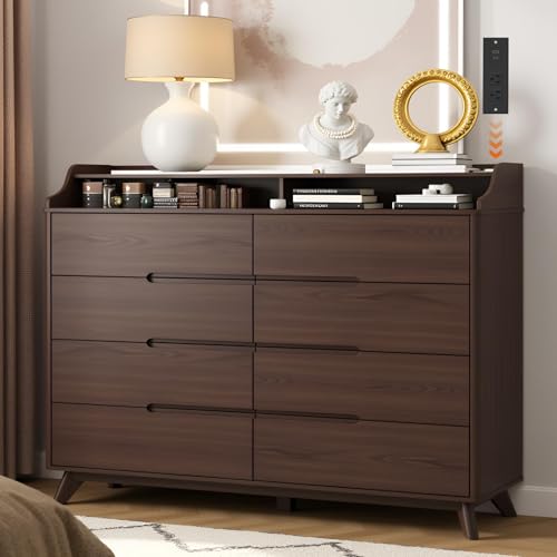 Dresser for Bedroom with 8 Drawers, 55" Large Dresser & Chest of Drawers with Charging Station, Wood Closet Clothes Storage Tall Dressers Organizer for Bedroom Living Room Hallway, Brown - color: Brown, size: 16"D x 55"W x 46"H (8 Drawers)