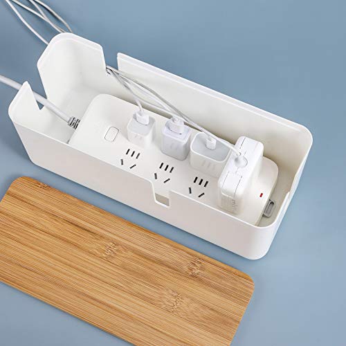 Changsuo Small Cable Management Box with Bamboo Lid for Extension Cord Power Stripe Surge Protector Wire Concealer Organizer Cover Hider (White) - color: White