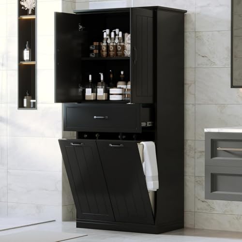 Virubi Tall Laundry Cabinet with 2 Tilt Out Laundry Hamper, Wood Bathroom Storage Cabinet with Doors,Drawers and Adjustable Shelves Freestanding (Black,30"x15.7"x65.8") - color: Black, size: 30"x15.7"x65.8"