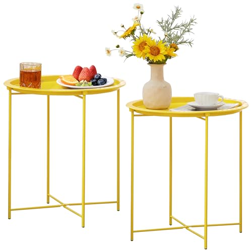 VECELO Side/End Table, Folding Round Metal Anti-Rust and Waterproof Outdoor or Indoor Tray for Living Room Bedroom Balcony and Office, 2 PCS, Yellow - color: Yellow, size: 2 PCS