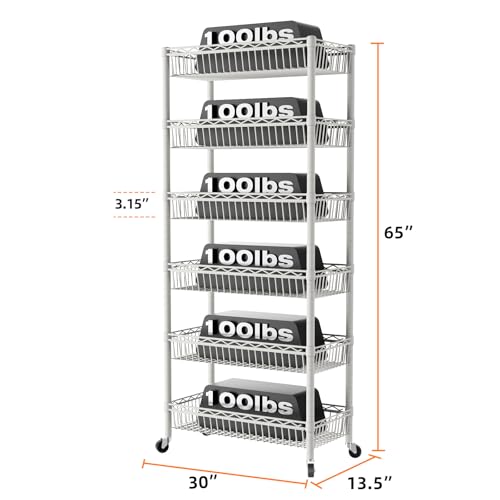 SINGAYE 6 Tier Big Basket Shelf Wire Shelving Unit Adjustable Storage Shelves Rack for Garage Kitchen Office Pantry Corner Metal with Wheels White - color: White, size: 6-Tier[30"Dx13.5"Wx65"H]