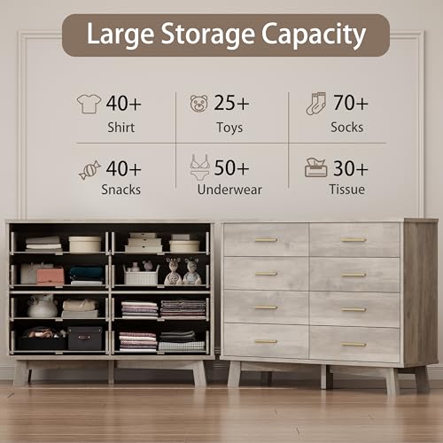 Xixini Dresser for Bedroom, 8 Drawer Wide Modern Chest of Drawers with X-Shaped Sturdy Base, Wood Double Dresser Closet Clothes Storage Organizer, Wooden TV Stand for Living Room, Hallway, Grey - color: Grey, size: 15.6"D x 47.2"W x 37.2"H (8 Drawers)