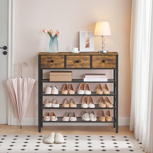 YATINEY 5-Tier Shoe Rack with 3 Drawers, Metal Shoe Organizer for 20 Pairs with Storage Shelves and Wooden Top, for Entryway, Hallway, Foyer, Closet, Rustic Brown and Black SS35BR - color: Rustic Brown + Black, size: 5 Tiers (37.6"H)