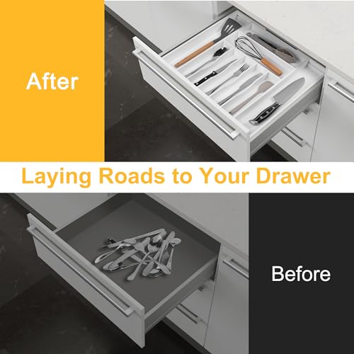Large Premium Bamboo Silverware Organizer - Expandable Drawer Organizer & Utensil Organizer - 17"x19.7" Cutlery Tray with Dividers for Kitchen Utensils and Flatware (7-9 Slots) (White) - color: White, size: 9 Slots Expandable