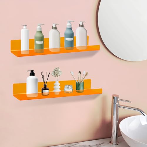 Dezzer 4 Pack Acrylic Shelves for Wall, 15" Acrylic Floating Shelves for Bathroom Bedroom, Invisible Bookshelf Wall Ledge Storage Shelf Books Perfume Toys Action Figure Display Shelves, Clear Orange - style: 15 inch 4-pack Orange