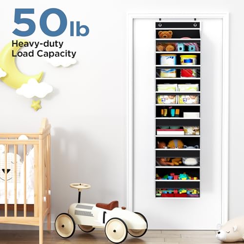 Mefirt Over The Door Organizer, 6 Shelf Door Hanging Organizers with 6 Large Capacity Pockets, Behind Door Storage Hanging Shelves for Closet Wall Bathroom Bedroom Nursery - color: Black, size: 6-Tier