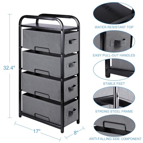 MAX Houser 4 Drawer Narrow Dresser Fabric Storage Tower Vertical Slim Storage Chest Organizer Nightstand Side/End Table Small Standing Organizer Removable Drawers Wood Top for Bedroom, Bathroom（Grey - color: Grey2