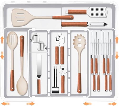 Homecor Kitchen Drawer Organizer Large Expandable Silverware Organizer, Utensil Holder and Flatware Tray, Kitchen Spatula Tools and Gadgets Storage with Removable Knife Blocks and 3 Dividers, White - color: White