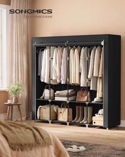 SONGMICS Portable Closet, Wardrobe Closet Organizer with Cover, 4 Hanging Rods and Shelves, 4 Side Pockets, 17.7 x 66.9 x 65.7 Inches, Large Capacity for Bedroom, Living Room, Ink Black URYG094B02 - color: Ink Black, size: 4 Tiers（66.9"L）