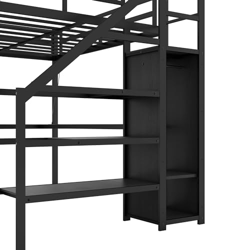 Bellemave Twin XL Loft Bed with Stairs and Storage, Metal Loft Beds Frame with Wardrobe and Safety Guardrails, Space Saving LED Loft Bed Twin Size for Kids & Teens, No Box Spring Needed, Black - color: Black, size: Twin XL