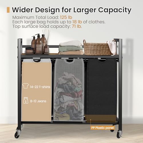 SwaaVee Laundry Hamper, Laundry Basket, Laundry Sorter with 3 Removable Bags, Clothes Basket with 3 Compartments, Wheels, Shelf for Laundry Room Bathroom Bedroom (3 Bags-Black Grey White) - color: 3 Bags-Black Grey White