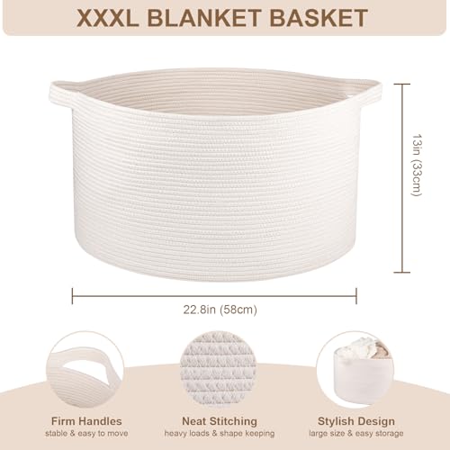 OIASKET Large Woven Baskets for Storage, 22.8" x 22.8" x 13" Blanket Storage Living Room, Baby Toy Basket for Clothes, Pillows, Towels, Shoe Basket for Entryway (White) - color: White, size: 90L