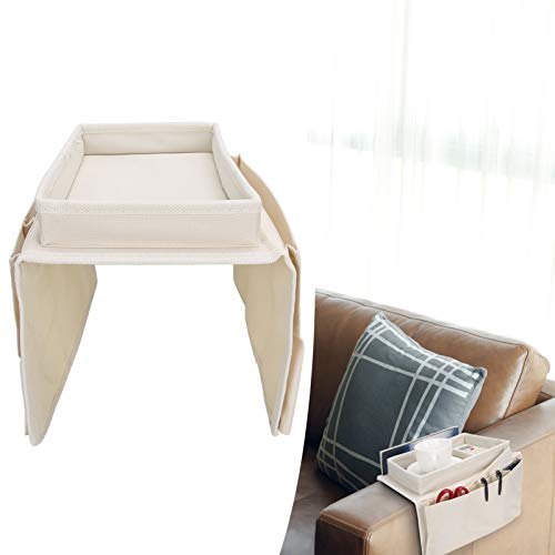 Sofa Armrest Organizer with Cup Holder Tray,4 Pockets Armchair Caddy Bedside Storage Pockets Bag 11.8x7.1x7.1inch TV Remote Control Organizer Armchair Couch Bag (Beige) - color: Beige