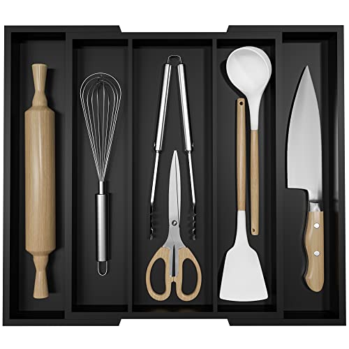 Kitchen Utensil Organizer Silverware Tray - Bamboo Flatware Organizer Expandable 5 Slots Multipurpose Silverware Organizer for Office Storage Garage Organization W13.7"-19.9" x L17.6" X H2.5" (Black) - color: Black