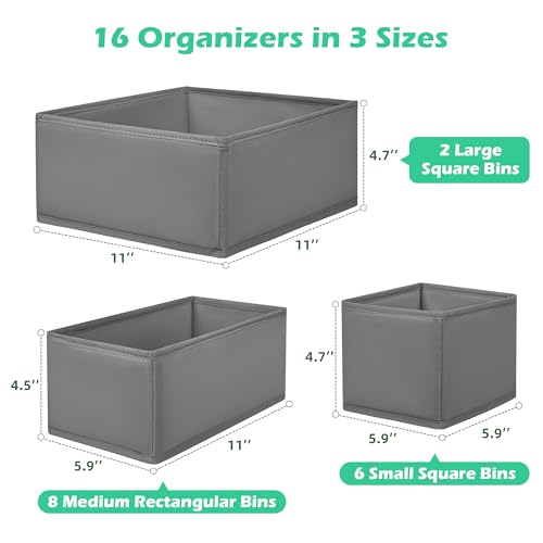 Drawer Clothing Organizer 16-Pack, Grey 3 Sizes Underwear Drawer Dividers, Fabric Folding Wardrobe Organizer, Can Store Baby Clothes, Bras, Underwear, Panties, Belts, Socks, Ties, etc. - color: Grey