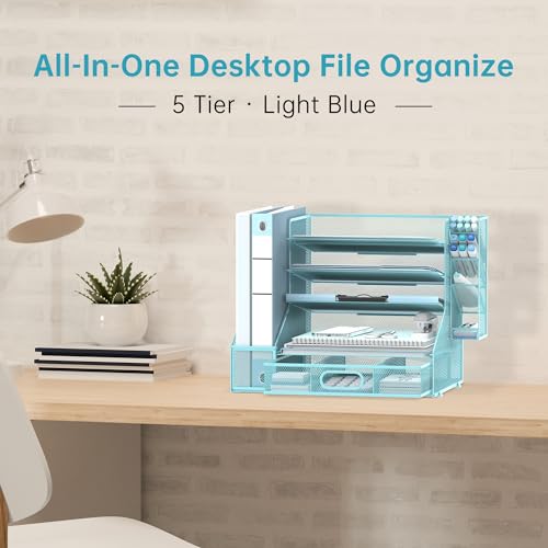 SUPEASY Desk Organizer with File Holder, 5-Tier Mesh Paper Letter Tray Organizer with Pen Holder and Drawer, Desktop Organizer and Storage with 3 Tilted File Sorter for Office Supplies, Blue - color: Blue