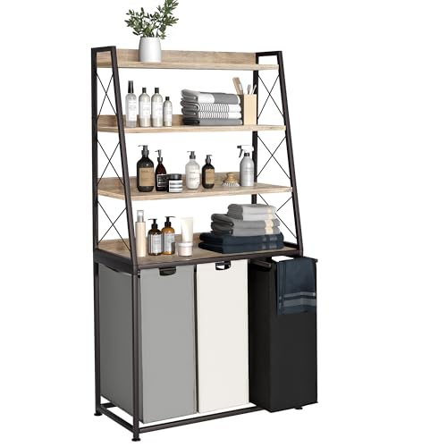 Herture Laundry Basket, 3 Section Laundry Hamper with 4 Tiers Shelf, Pull-Out and Removable Laundry Bags, Large 3 x 15.87 Gallons, for Laundry Room Bathroom Greige PF05XLZ - color: Greige + 3-Color, size: 3 Bags-180 L