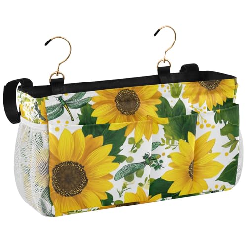 Cute Yellow Sunflowers and Dragonflies Bedside Caddy for Dorm Bed Bedside Hanging Caddy Bag Iron Frame Storage Organizer Pocket for Bunk Home College Hospital Beds 2 Hooks