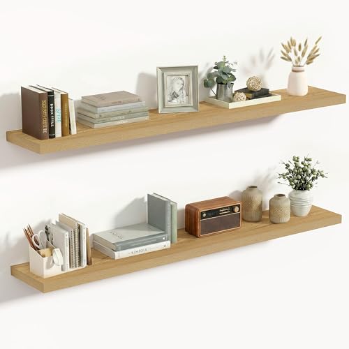 Vivelove 10" Deep Floating Shelves with Invisible Brackets, 47" Wall Shelves for Bathroom Bedroom Kitchen Living Room Laundry Room, Modern Rustic Shelves for Home Decor, 47.2"x10.2"x1.5"Set of 2, Oak - color: Oak, size: 47.2”Wx10.2”Dx1.5”H