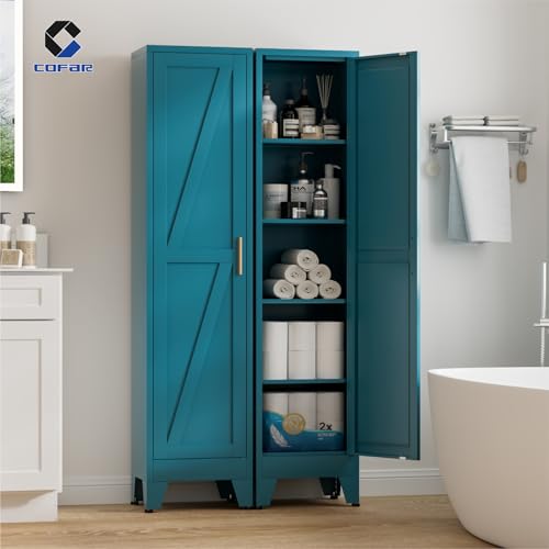 COFaR 67'' Tall Slim Bathroom Storage Cabinet, Metal Narrow Pantry Cabinet with 4 Adjustable Shelves and One Door, Skinny Cabinet Storage for Kitchen Laundry, Peacock Blue Farmhouse 5 Tiers - color: Peacock Blue, size: 67 Tall 1 Door