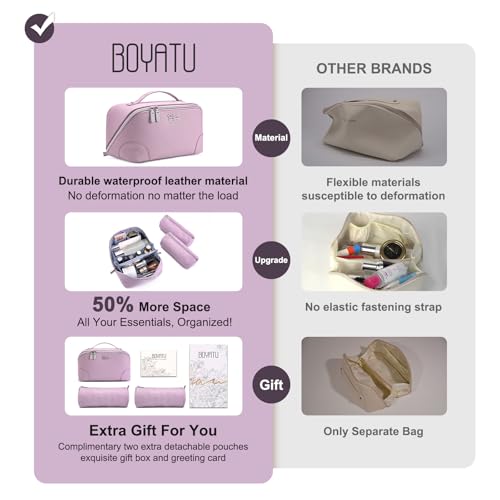 BOYATU Travel Makeup Bag Cosmetic Bags for Women: 3 Pcs Set Large Capacity Make up Bag with Handle - Waterproof Vegan Leather Toiletry Bags Travel Essentials with Compartments(C-4-Purple) - color: C-4-Purple
