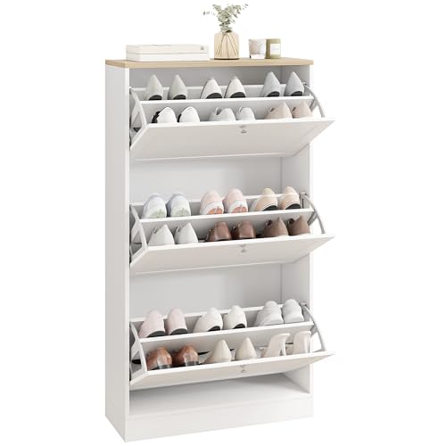 HOMCOM Shoe Storage Cabinet with 3 Flip Drawers, Wooden Freestanding Shoe Organizer with Adjustable Shelves for Entryway, Hallway, White - color: White, size: 23.6" x 9.4" x 45.3"