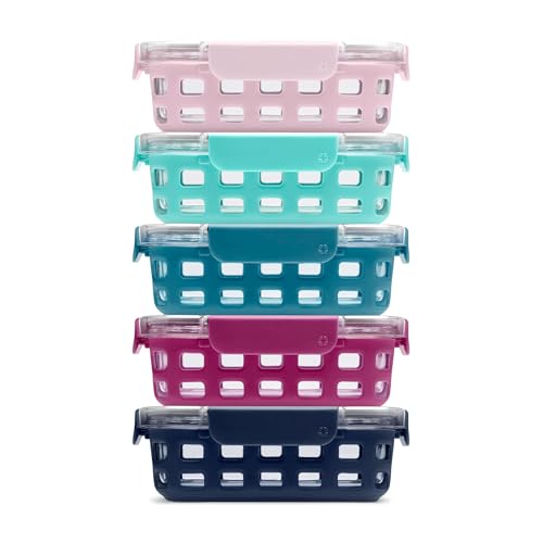 Ello Duraglass 3.4 Cup Meal Prep Sets 10Pc, 5 Pack Set- Glass Food Storage Container with Silicone Sleeve and Airtight BPA-Free Plastic Lids, Dishwasher, Microwave, and Freezer Safe, Evening Orchard - color: Evening Orchard, size: 3.4 Cup