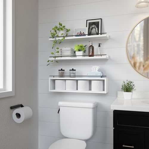 WOPITUES Floating Shelves for Wall 24 inch with Cube Shelf, Wall Shelves with Metal Rail for Bathroom Decor, Bathroom Organizers and Storage, Over Toilet Shelves, Toilet Paper-White - color: White, size: 23.6 inch