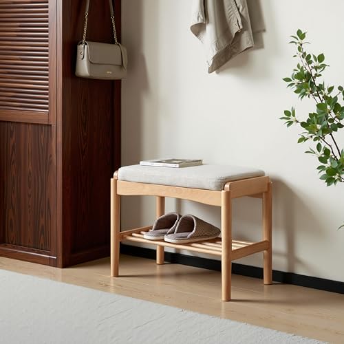 Solid Wood Shoe Bench Assembled, Shoe Rack Bench with Cushion for Entryway, Living Room, Bedroom, Hallway, 11.8" x 17.7" x 16.5", Natural - color: Natural + Light Gray, size: 17.7"