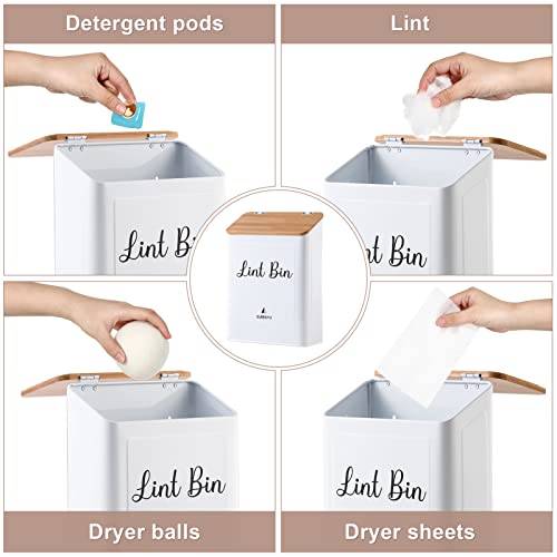 SUBEKYU Magnetic Lint Bin for Laundry Room, Wall Mounted Metal Lint Box Holder with Lid for Dryer,Laundry Room Organization and Storage,Bamboo Lid Lint Basket,White - color: White