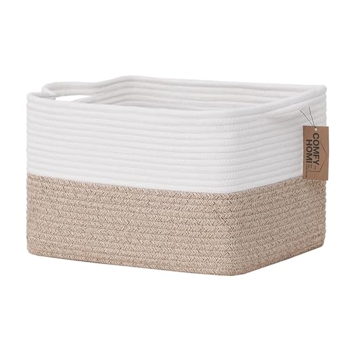 COMFY-HOMI Cotton Rope Woven Basket with Handles for Shelves,Toys,Book, Cloth Storage Baskets for Organizing-13.5" x 11" x 9.5" Toy Decorative Organizer for Living Room, Bathroom （White/Brown） - color: White/Brown, size: 13.5"X11"X9.5"