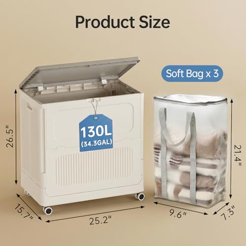 HAIXIN HOME 130L Plastic Laundry Hamper with 3 Soft Bags, Foldable Rolling Clothes Laundry Basket with Lid for Bedroom, Bathroom, Dorm, Heavy Duty Clothes Organizer with Wheels for Bedding, Blankets - color: Milky, size: 130L with 3 Soft Bags