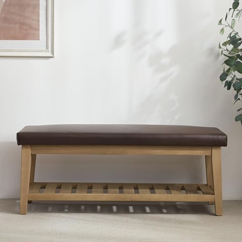 HUIMO Entryway Shoe Bench with Cushion, End of Bed Bench,Upholstered Bench for Kitchen, Bench with Solid Wood Shelf, Leather Ottoman Bench for Hallway, Living Room (PU-Brown) - color: Pu-brown