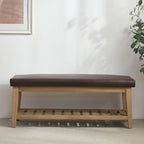 HUIMO Entryway Shoe Bench with Cushion, End of Bed Bench,Upholstered Bench for Kitchen, Bench with Solid Wood Shelf, Leather Ottoman Bench for Hallway, Living Room (PU-Brown) - color: Pu-brown