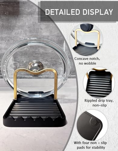 Anti-Rust Metal Spoon Rest with Lid Holder, Heat-Resistant Pot Lid Rest, Multifunctional Spatula Holder While Cooking for Stovetop and Kitchen Counter – Black Gold - color: GOLDBLACK