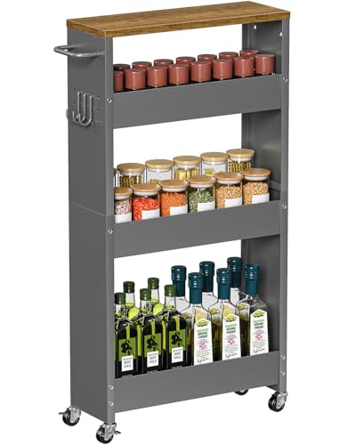 XYZLVSI Slim Storage Cart, 4 Tier Rolling Kitchen Cart on Wheels for Small Space, Narrow Laundry Bathroom Organizers Mobile Shelving Unit Metal Utility Cart with Handle, 5.9in Width, Gray - size: 5.9IN-Gray