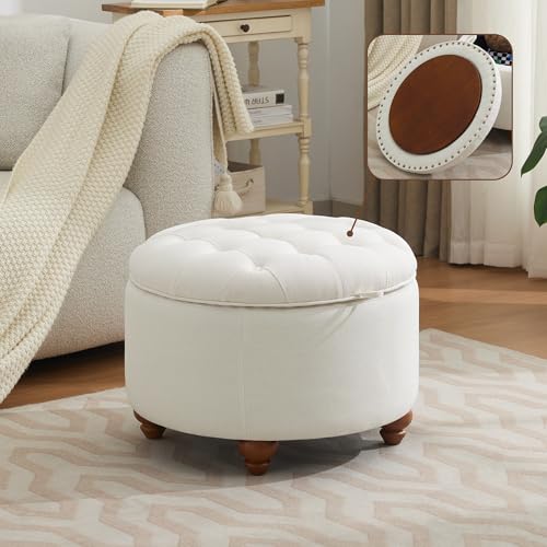 WUTUTUEE 24Inch Round Storage Ottoman with Tray, Modern Tufted Fabric Circle Coffee Table with Storage, Upholstered Ottoman with Removable Top for Living Room, Bedroom, Beige - color: Beige, size: 24 Inch